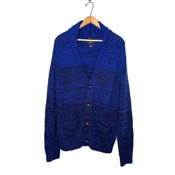 American Eagle Men’s Blue Marled Shawl Neck Prep Fit Cardigan Sweater Size Large - Picture 1 of 5
